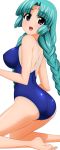  1girl :d absurdres ass braid canal_vorfeed green_hair highres kneeling long_hair looking_at_viewer lost_universe open_mouth school_swimsuit smile sugimura_tomokazu swimsuit violet_eyes 