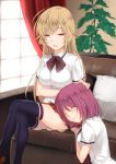  2girls 3u arato_hisako bad_id bad_pixiv_id black_legwear blonde_hair blush breasts brown_footwear closed_eyes couch crossed_legs curtains day dress_shirt half-closed_eyes indoors lap_pillow large_breasts long_hair looking_at_another multiple_girls nakiri_erina open_mouth petting pillow plaid plaid_skirt plant purple_eyes purple_hair ribbon school_uniform shirt shoes shokugeki_no_souma short_hair sitting skirt smile thigh-highs thighhighs tootsuki_saryou_ryouri_gakuen_uniform violet_eyes window 