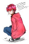  1boy character_request cigarette denim earrings hood_down hoodie jeans jewelry marimo_(yousei_ranbu) pink_eyes pink_hair shoes sneakers squatting translation_request 