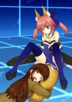  2girls animal_ears caster_(fate/extra) closed_eyes fate/extra fate_(series) fox_ears fox_tail hair_ribbon kishinami_hakuno_(female) long_hair multiple_girls open_mouth pink_hair ribbon tail 