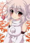  1girl animal_ears autumn_leaves bare_shoulders blush breasts happy hat inubashiri_momiji large_breasts leaf looking_at_viewer masiromu midriff pom_pom_(clothes) red_eyes short_hair silver_hair smile solo tokin_hat touhou wolf_ears 