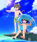  2boys animal_ears cat_ears cat_tail innertube male multiple_boys nekoya ocean original purple_hair sky sunlight swim_trunks swimsuit tail violet_eyes 