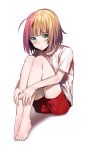  1boy ahoge androgynous barefoot blonde_hair blush erubo looking_at_viewer multicolored_hair original pink_hair short_hair shorts simple_background sitting t-shirt theodor_bachstein trap white_background 