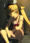  1girl alkemanubis bakemonogatari bare_shoulders blonde_hair dress goggles goggles_on_hat helmet highres long_hair monogatari_(series) off_shoulder oshino_shinobu sitting smile solo yellow_eyes 