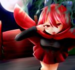  1girl :o blouse blurry bow bridge cape depth_of_field full_moon hair_bow hand_on_own_face kaisenpurin leaning_forward light_trail long_sleeves looking_at_viewer moon night outdoors pleated_skirt red_eyes red_moon redhead sekibanki short_hair skirt solo touhou v willow 