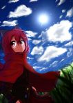  1girl bow caibao cape clouds hair_bow hands_in_pockets highres lens_flare long_sleeves looking_at_viewer red_eyes redhead sekibanki short_hair skirt sky smile solo touhou 
