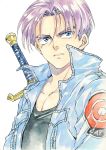  1boy agahari blue_eyes dragon_ball dragon_ball_z highres jacket purple_hair short_hair solo sword trunks_(dragon_ball) weapon 