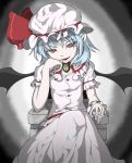  1girl ascot bat_wings blue_hair brooch chair elbow_rest fang fuyuno_(kiddyland) gradient gradient_background grey_background hat hat_ribbon head_rest head_tilt jewelry looking_at_viewer mob_cap pale_skin parted_lips pointy_ears red_eyes remilia_scarlet ribbon short_hair short_sleeves skirt skirt_set solo touhou wings wrist_cuffs 