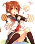  1girl brown_hair eating folded_ponytail inazuma_(kantai_collection) kantai_collection long_sleeves looking_at_viewer makizushi open_mouth panties pantyshot pantyshot_(sitting) personification pink_panties pleated_skirt school_uniform serafuku signature sitting skirt solo sushi toosaka_asagi underwear 