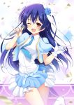  :d blue_hair blush bow brown_eyes dress gloves love_live!_school_idol_project microphone necktie open_mouth pinky_out raiou smile sonoda_umi wink 