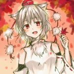  1girl animal_ears autumn_leaves bare_shoulders blush breasts happy hat inubashiri_momiji koruse leaf looking_at_viewer open_mouth pom_pom_(clothes) red_eyes short_hair silver_hair smile solo tokin_hat touhou traditional_media wolf_ears 