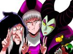  1boy 2girls :t anger_vein character_request claude_frollo disney eyeshadow green_skin grey_hair hat hood horns jewelry long_nose makeup maleficent marimo_(yousei_ranbu) multiple_girls one_man&#039;s_dream_ii ring self_shot the_hunchback_of_notre_dame v white_hair witch yellow_sclera 