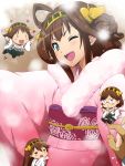  4girls blush brown_hair character_request green_eyes hairband hairu happy heart hiei_(kantai_collection) holding_hands japanese_clothes kantai_collection kirishima_(kantai_collection) kongou_(kantai_collection) long_hair multiple_girls open_mouth personification small_breasts smile wink 