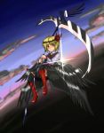  1girl adapted_costume blonde_hair blouse fang_out hair_ribbon highres mousou multiple_wings necktie ribbon rumia scythe short_hair touhou twilight vest wings 