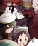  black_hair brown_hair erokosei eyepatch goggles goggles_on_head green_hair grin hat highres ikazuchi_(kantai_collection) inazuma_(kantai_collection) kantai_collection kiso_(kantai_collection) maru-yu_(kantai_collection) multiple_girls open_mouth personification scared school_swimsuit school_uniform serafuku short_hair smile swimsuit white_school_swimsuit white_swimsuit 