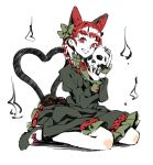  1girl animal_ears bare_legs bow braid cat_ears cat_tail dress extra_ears hair_bow heart heart_tail kaenbyou_rin long_hair looking_at_viewer multiple_tails red_eyes redhead rough simple_background skull solo tail touhou twin_braids weee_(raemz) white_background 
