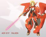  1girl ace_combat adf-01_falken airplane arm_cannon blonde_hair blue_eyes bodysuit breasts character_name fighter_jet high_heels jet laser personification roadksa weapon 