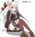  1girl amatsukaze_(kantai_collection) aruka_(alka_p1) blush brown_eyes kantai_collection long_hair looking_at_viewer personification simple_background solo thighhighs twintails twitter_username zettai_ryouiki 