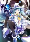  1girl aqua_eyes aqua_hair cape fingerless_gloves gloves hair_ribbon hat hatsune_miku long_hair magical_girl michi_(iawei) pantyhose ribbon skirt snowflakes solo twintails very_long_hair vocaloid wand witch_hat yuki_miku 