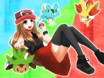  1girl :d black_legwear blue_eyes bracelet brown_hair chespin fennekin froakie hat hebimura jewelry long_hair low-tied_long_hair open_mouth pleated_skirt pointing pointing_at_viewer poke_ball pokemon pokemon_(creature) pokemon_(game) pokemon_xy serena_(pokemon) shoes skirt sleeveless smile sneakers sunglasses sunglasses_on_head thighhighs 