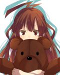  1girl ahoge brown_eyes brown_hair highres hug kantai_collection kuma_(kantai_collection) looking_at_viewer solo stuffed_animal stuffed_toy teddy_bear yukichi_(eikichi) 