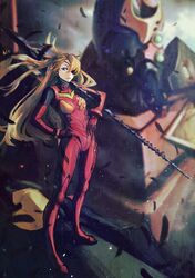  1girl blonde_hair blue_eyes eyepatch hair_ornament hand_on_hip lance_of_cassius long_hair looking_at_viewer mecha neon_genesis_evangelion plugsuit rebuild_of_evangelion shikinami_asuka_langley solo souryuu_asuka_langley total 