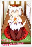  1girl 2012 animal_ears bare_shoulders blush breasts chikinman closed_eyes detached_sleeves english gift happy hat heart inubashiri_momiji looking_at_viewer pom_pom_(clothes) short_hair silver_hair sitting skirt smile solo tail tokin_hat touhou valentine wolf_ears wolf_tail 