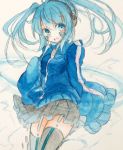  1girl blue_eyes blue_hair ene_(kagerou_project) fina_(sa47rin5) headphones highres kagerou_project long_hair looking_at_viewer solo traditional_media twintails 