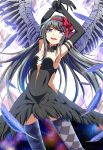  1girl akemi_homura akuma_homura argyle argyle_legwear armpits arms_up bare_shoulders black_gloves black_hair e.o. elbow_gloves feathers gloves hair_ribbon highres looking_at_viewer mahou_shoujo_madoka_magica mahou_shoujo_madoka_magica_movie open_mouth ribbon smile solo spoilers thigh-highs violet_eyes wings 