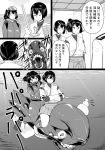  2girls bifidus comic commentary diving_mask_on_head diving_suit head_bump hyuuga_(kantai_collection) i-class_destroyer ise_(kantai_collection) japanese_clothes kantai_collection monochrome multiple_girls translation_request undershirt 