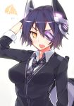  1girl black_hair blue_vert bust checkered_necktie dress_shirt eyepatch hair_ornament kantai_collection machinery open_mouth shirt short_hair solo squiggle tenryuu_(kantai_collection) yellow_eyes 