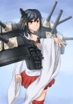  1girl bare_shoulders black_hair blush detached_sleeves hair_ornament highres japanese_clothes kantai_collection miko personification red_eyes short_hair skirt smile usfdive yamashiro_(kantai_collection) 