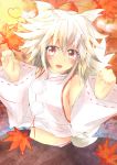  1girl acoco animal_ears autumn_leaves bare_shoulders blush breasts detached_sleeves hat highres inubashiri_momiji leaf looking_at_viewer midriff navel no_bra open_mouth panties pom_pom_(clothes) red_eyes short_hair silver_hair skirt solo tail tokin_hat touhou underwear wolf_ears wolf_tail 
