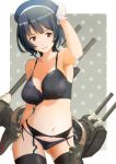  1girl beret black_hair black_legwear bra breasts garter_belt gloves hat kantai_collection large_breasts navel panties personification red_eyes short_hair side-tie_panties smile solo takao_(kantai_collection) thighhighs underwear underwear_only white_gloves yunsuku 