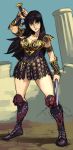  1girl alex_ahad armor armored_dress black_hair blue_eyes boots breasts chakram cleavage dual_wielding faulds greaves highres knee_boots large_breasts long_hair over_shoulder scabbard sheath solo spaulders sword sword_over_shoulder vambraces weapon weapon_over_shoulder xena xena:_warrior_princess 