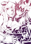  2girls bare_shoulders breast_press breasts dark_lady_(p&amp;d) flower flower_on_head gauntlets grin horns large_breasts long_hair looking_at_viewer monochrome multiple_girls mushi024 persephone_(p&amp;d) pointy_ears puzzle_&amp;_dragons smile symmetrical_docking tiara 