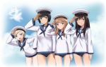  4girls :d black_hair blonde_hair blue_eyes brown_eyes federica_n_doglio fernandia_malvezzi green_eyes long_hair luciana_mazzei martina_crespi military military_hat military_uniform multiple_girls novram58 open_mouth salute smile strike_witches swimsuit swimsuit_under_clothes uniform wink 