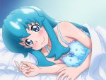  1girl bare_shoulders bed blanket blue_eyes blue_hair happinesscharge_precure! long_hair looking_at_viewer lying mameshiba on_side precure shirayuki_hime smile solo 