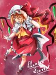  1girl ascot blonde_hair blush_stickers bow character_name flandre_scarlet hat hat_bow kinsenka red_eyes solo touhou wings wink 