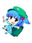  1girl backpack bag blue_eyes blue_hair boots bow deformed hainakku hair_bow hat kawashiro_nitori key solo touhou twintails wrench 