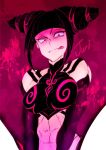  1girl abs bare_shoulders black_hair breasts character_name drill_hair elbow_gloves gloves halter_top halterneck han_juri large_breasts licking_lips marimo_(yousei_ranbu) midriff rape_face short_twintails solo street_fighter twintails v_arms violet_eyes 