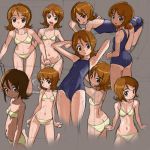  1girl bikini blush bra breasts brown_eyes brown_hair butt_crack flat_chest grey_background happinesscharge_precure! kneeling looking_at_viewer looking_back one-piece_swimsuit oomori_yuuko panties partially_submerged precure rohitsuka short_hair simple_background sitting sketch smile socks solo swimsuit underwear wariza 