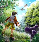  1boy backpack backwards_hat bag baseball_cap black_hair from_behind from_below gold_(pokemon) grass hat holding holding_poke_ball noaki pidgey poke_ball pokemon pokemon_(creature) pokemon_(game) pokemon_hgss rattata shorts 