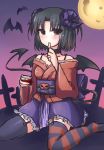  1girl asymmetrical_legwear bat black_hair blush choker demon_tail full_moon garter_straps horns kara_no_kyoukai moon ohitashi_netsurou ryougi_shiki short_hair sitting skirt solo striped striped_legwear tail thighhighs wariza wings 