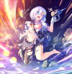  1girl akama_zenta black_legwear blue_eyes breasts cannon full_body gloves hair_ornament hairclip hamakaze_(kantai_collection) kantai_collection navel no_panties open_mouth pantyhose personification pleated_skirt skirt solo thigh_strap torn_clothes turret white_gloves white_hair wince 