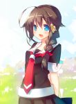  1girl ahoge arms_behind_back blue_eyes blue_vert braid brown_hair hair_ornament hairclip kantai_collection long_hair neckerchief open_mouth shigure_(kantai_collection) single_braid skirt smile solo 