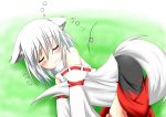  1girl absurdres animal_ears bare_shoulders between_legs blush closed_eyes detached_sleeves highres hino_(kagami) inubashiri_momiji pom_pom_(clothes) short_hair silver_hair skirt sleeping solo tail tail_between_legs touhou wavy_mouth wolf_ears wolf_tail 