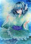  1girl blue_eyes blue_hair head_fins highres japanese_clothes kimono long_sleeves looking_at_viewer mermaid monster_girl mosho obi open_mouth paint_(medium) sash smile solo star touhou traditional_media wakasagihime watercolor_(medium) wide_sleeves 