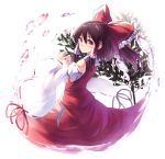  1girl bow brown_hair bubble detached_sleeves hair_bow hair_tubes hakurei_reimu highres ibuki_notsu long_sleeves looking_at_viewer looking_back red_eyes sarashi shirt skirt skirt_set smile solo touhou wide_sleeves 