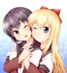  2girls :d black_hair blonde_hair blue_eyes bow brown_eyes cheek-to-cheek funami_yui hair_bow holding_hands interlocked_fingers kaina long_hair multiple_girls open_mouth school_uniform serafuku short_hair smile toshinou_kyouko yuru_yuri 